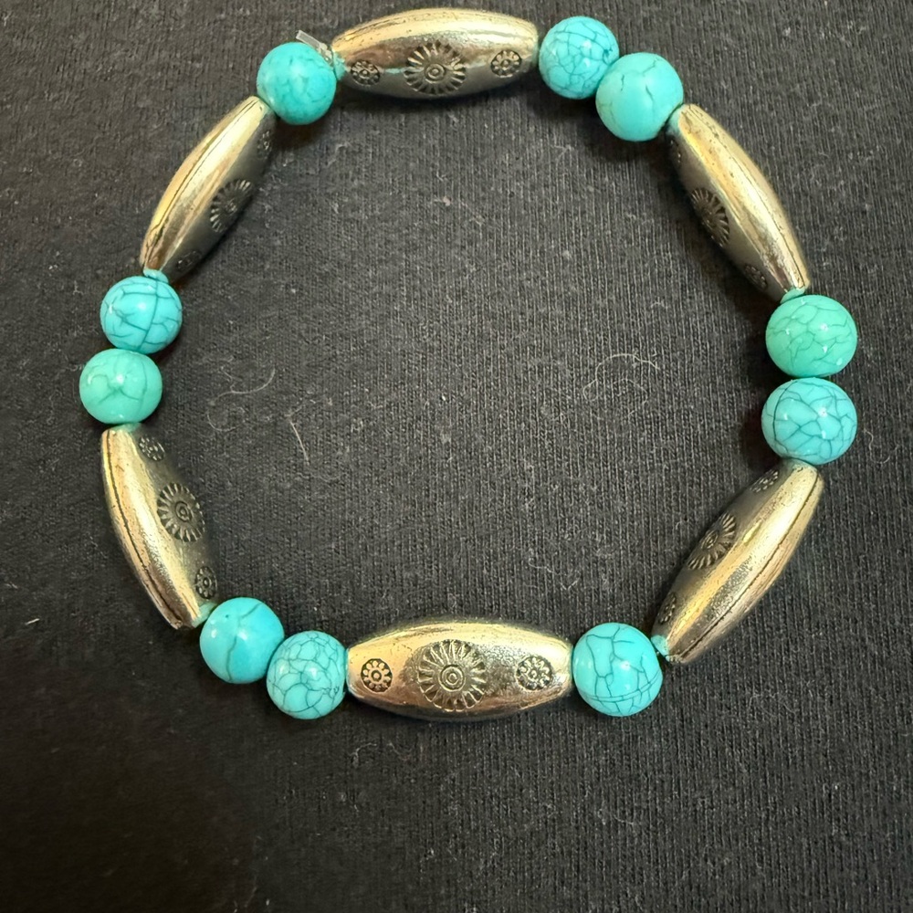 Turquoise Bead and Silver-Tone Stretch Bracelet
